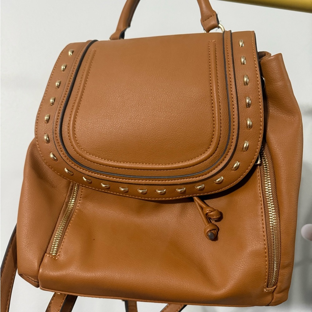 Women's Tan Leather-Effect Studded Backpack